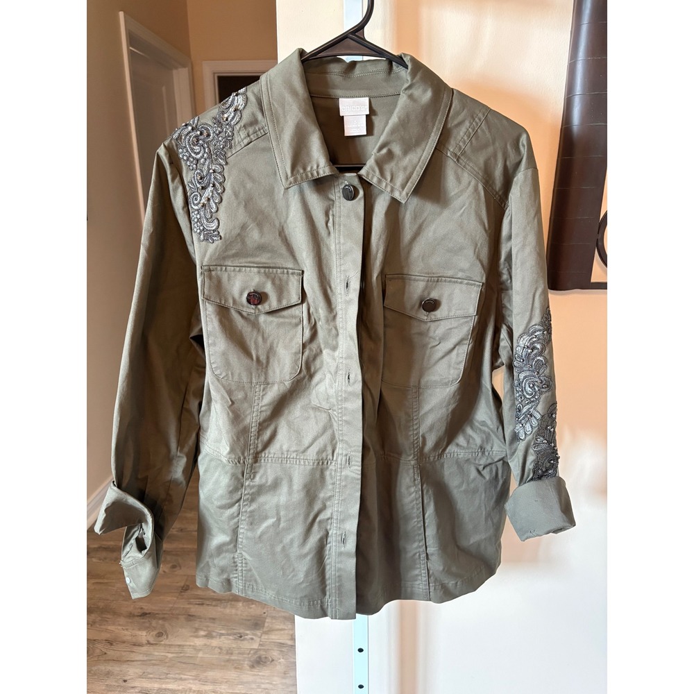 Chicos Women Olive Green Utility Jacket Lace Beaded Accent Size 3 XL 16/18